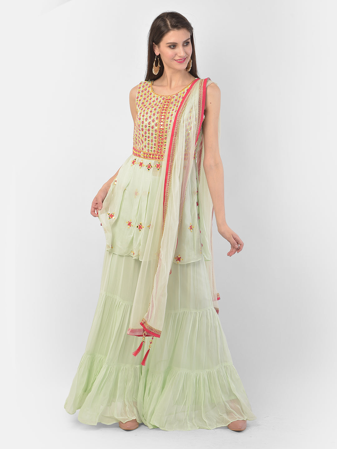 Neeru's Pista Green Color Georgette Fabric Suit-Short Anarkali