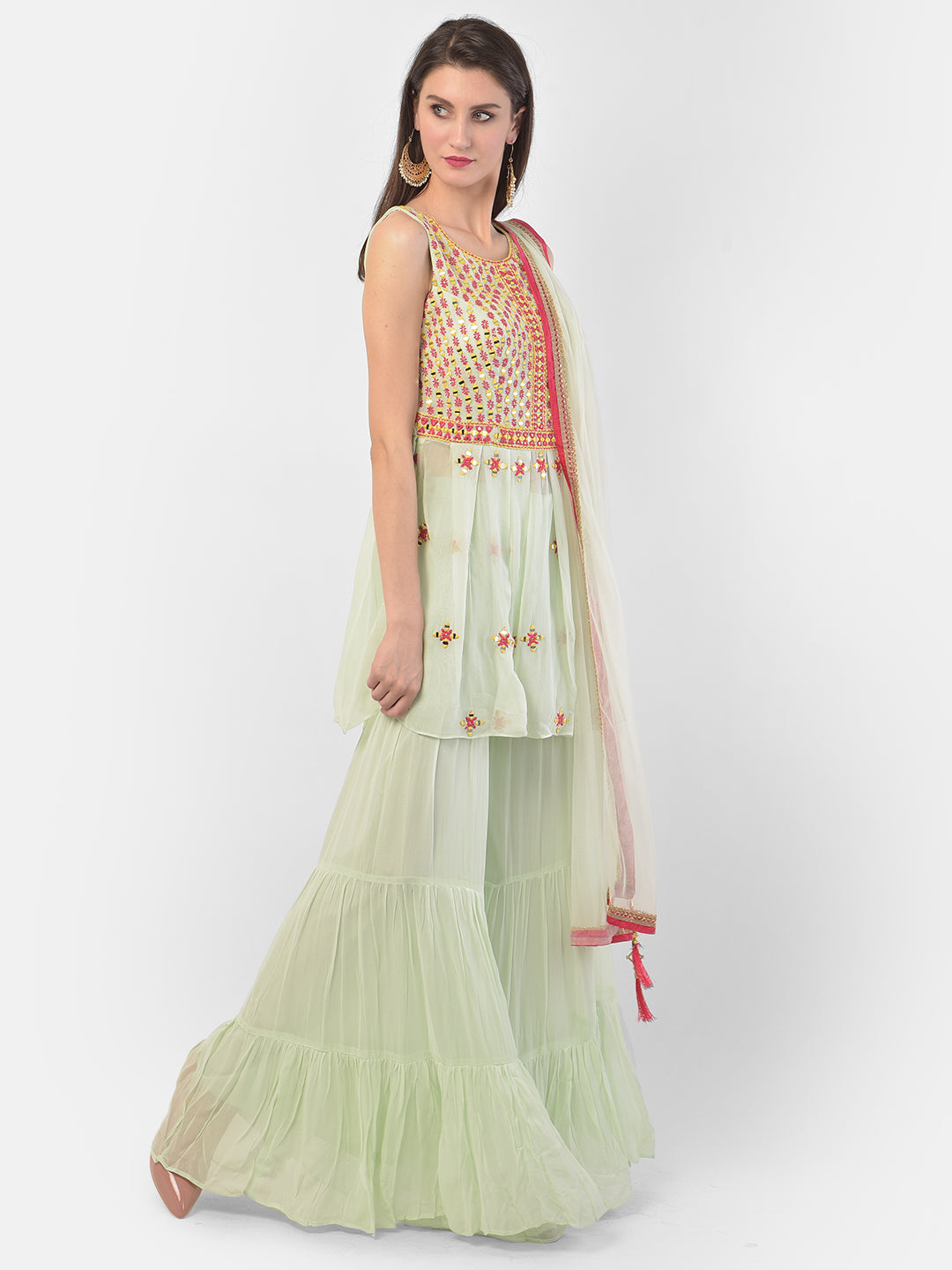 Neeru's Pista Green Color Georgette Fabric Suit-Short Anarkali