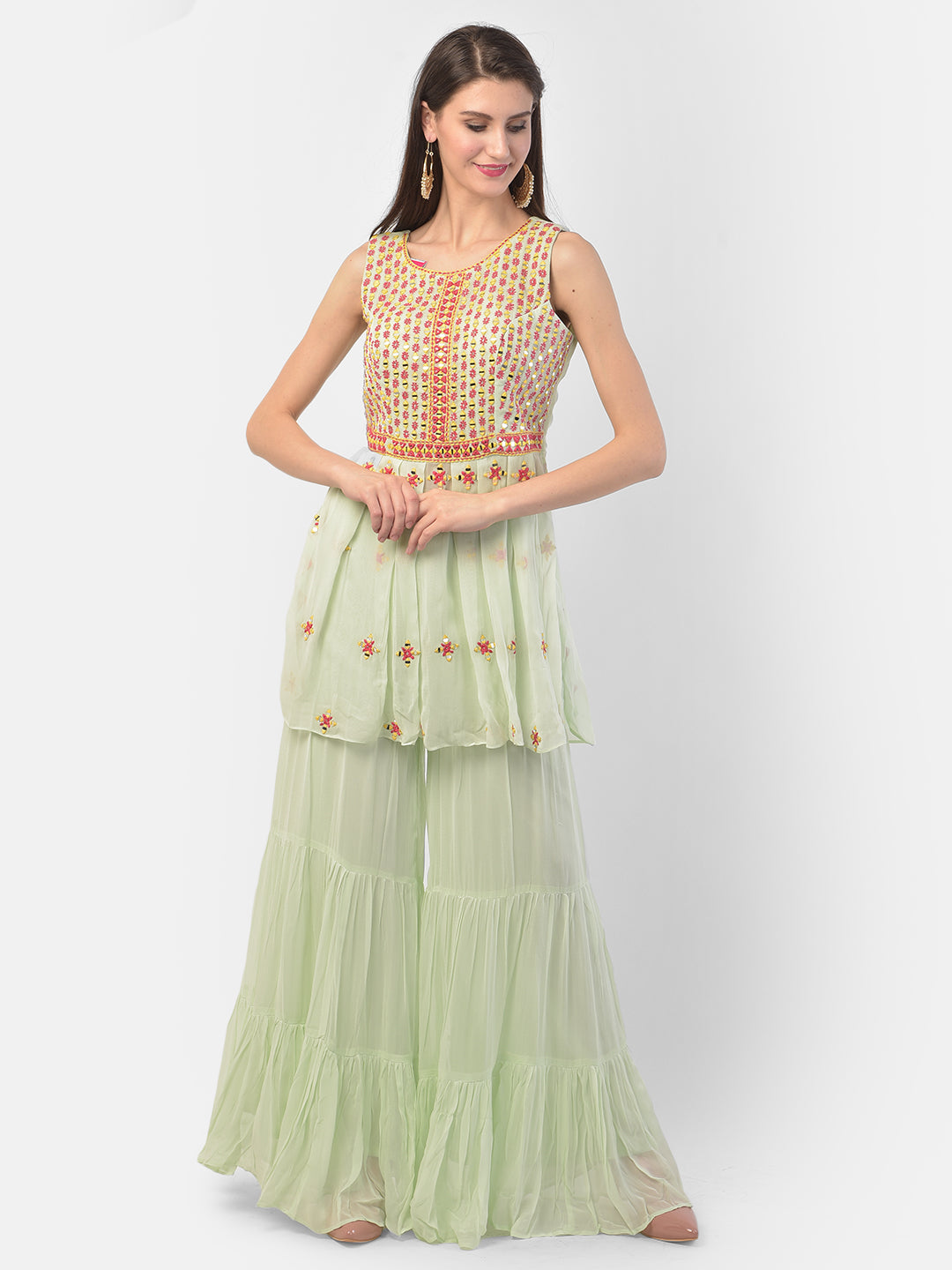 Neerus Green georgette embroidered anarkali suit set - front view