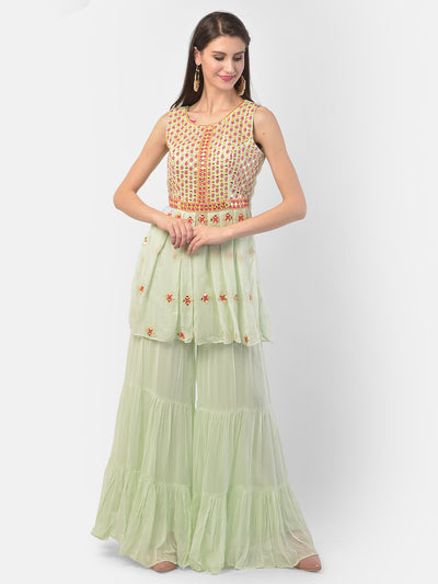 Neeru's Pista Green Color Georgette Fabric Suit-Short Anarkali