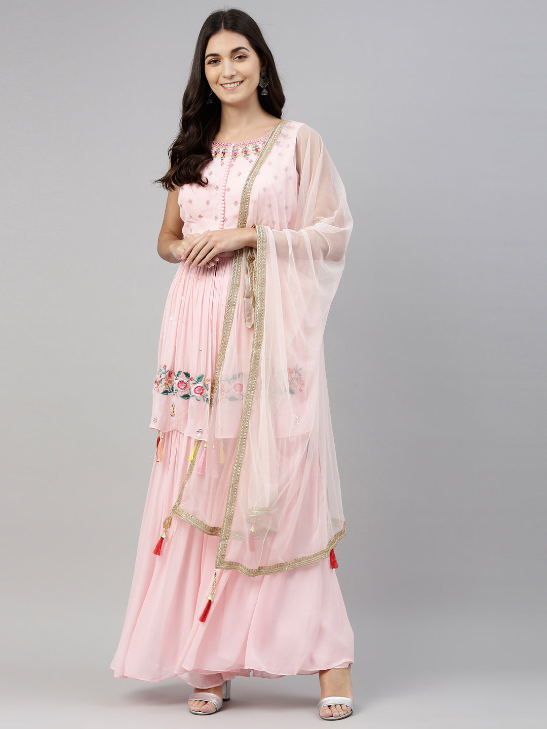 Neerus Pink georgette anarkali suit set - front view