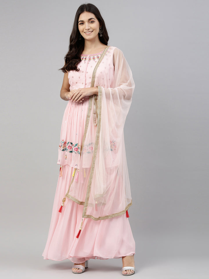 Neerus Pink georgette anarkali suit set - front view