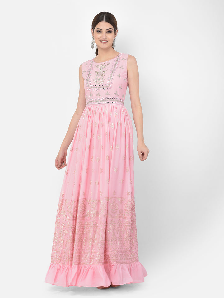 Neerus Pink georgette mirror work anarkali kurta set - front view
