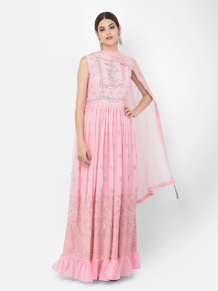 Neerus Pink georgette mirror work anarkali kurta set - detail view 6