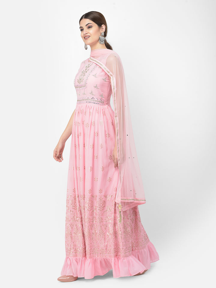 Neerus Pink georgette mirror work anarkali kurta set - back view