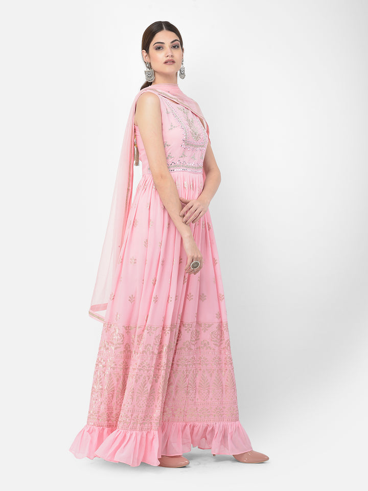 Neerus Pink georgette mirror work anarkali kurta set - side view