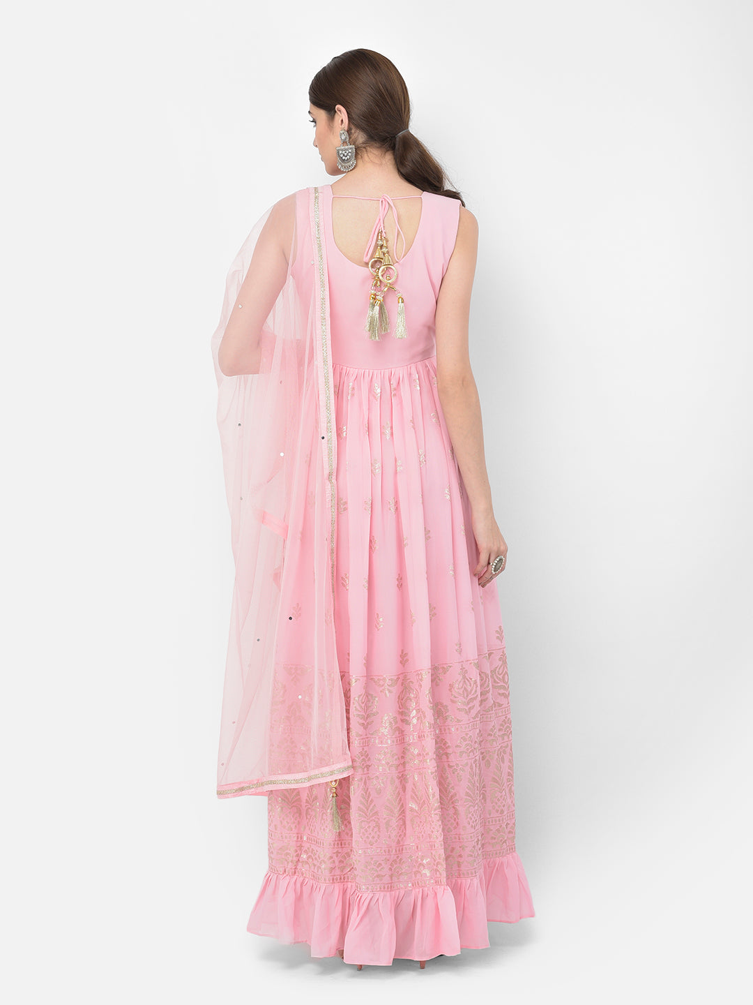 Neerus Pink georgette mirror work anarkali kurta set - detail view 1
