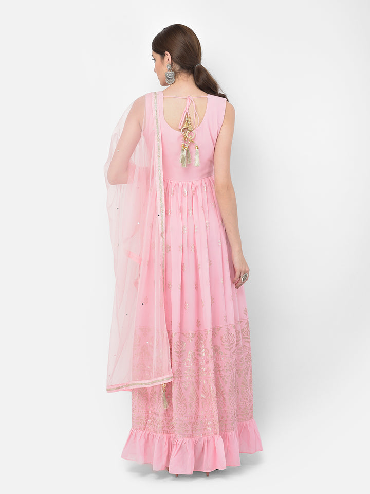 Neerus Pink georgette mirror work anarkali kurta set - detail view 1