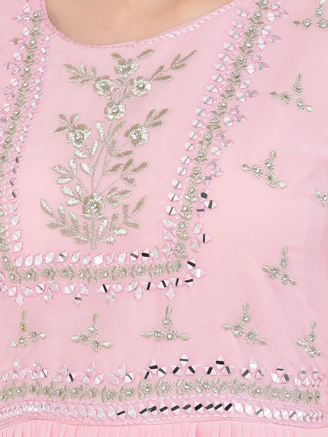 Neerus Pink georgette mirror work anarkali kurta set - detail view 2