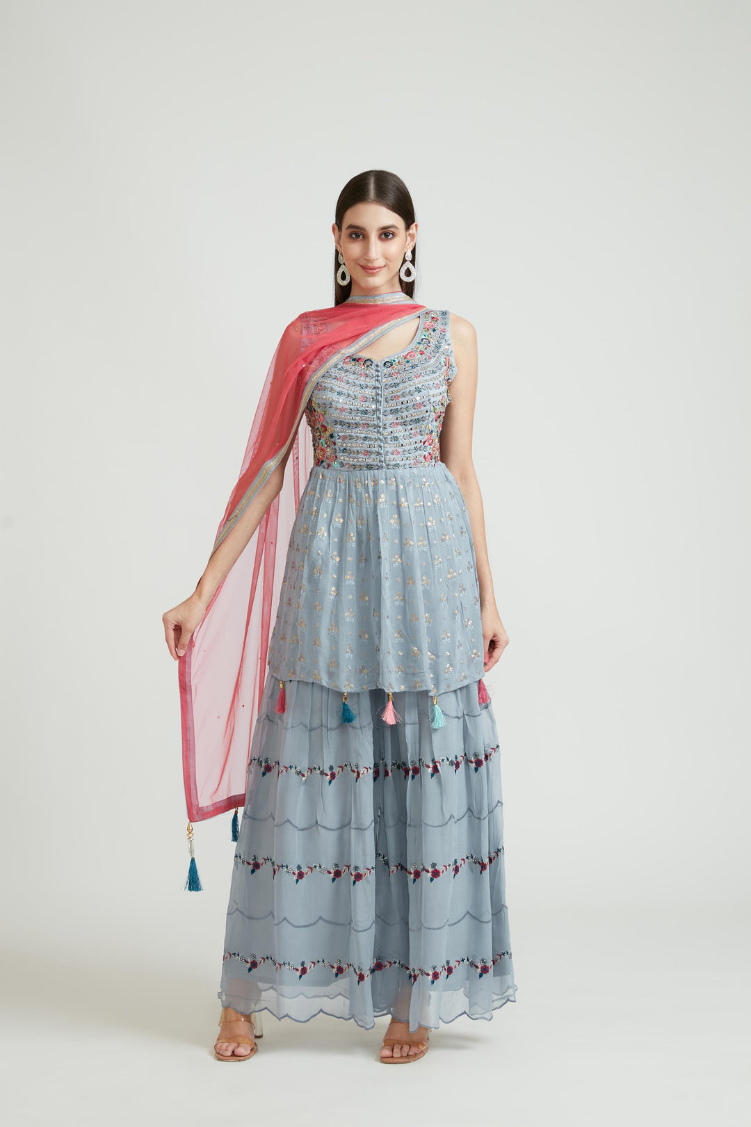 Neerus Grey georgette anarkali suit set - front view