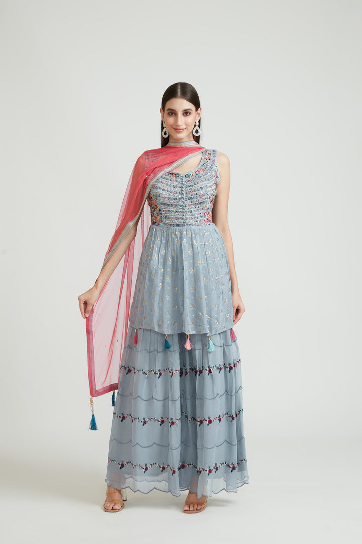 Neerus Grey georgette anarkali suit set - front view