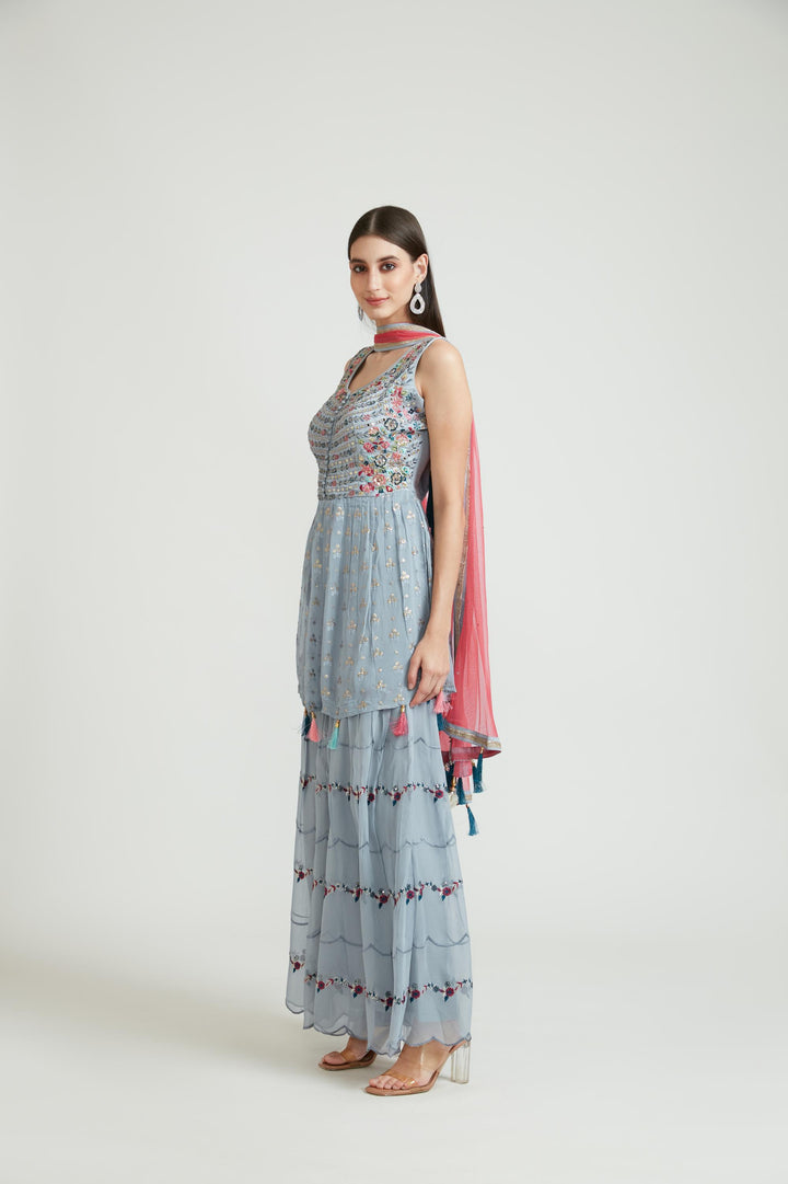 Neerus Grey georgette anarkali suit set - back view