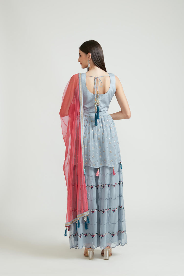 Neerus Grey georgette anarkali suit set - side view