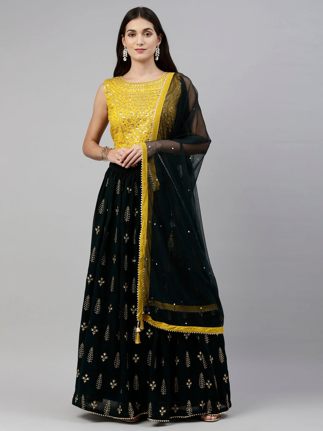 Neerus Bottle Green Color Georgette Fabric Ghagra Set