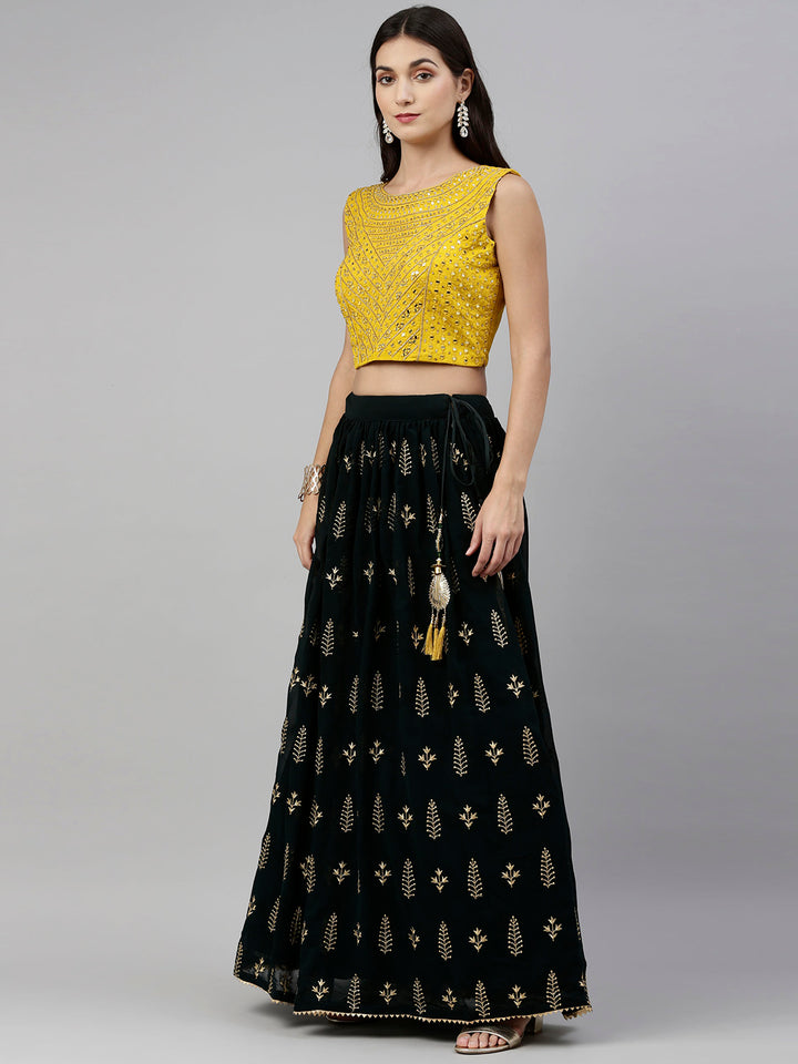 Neerus Bottle Green Color Georgette Fabric Ghagra Set