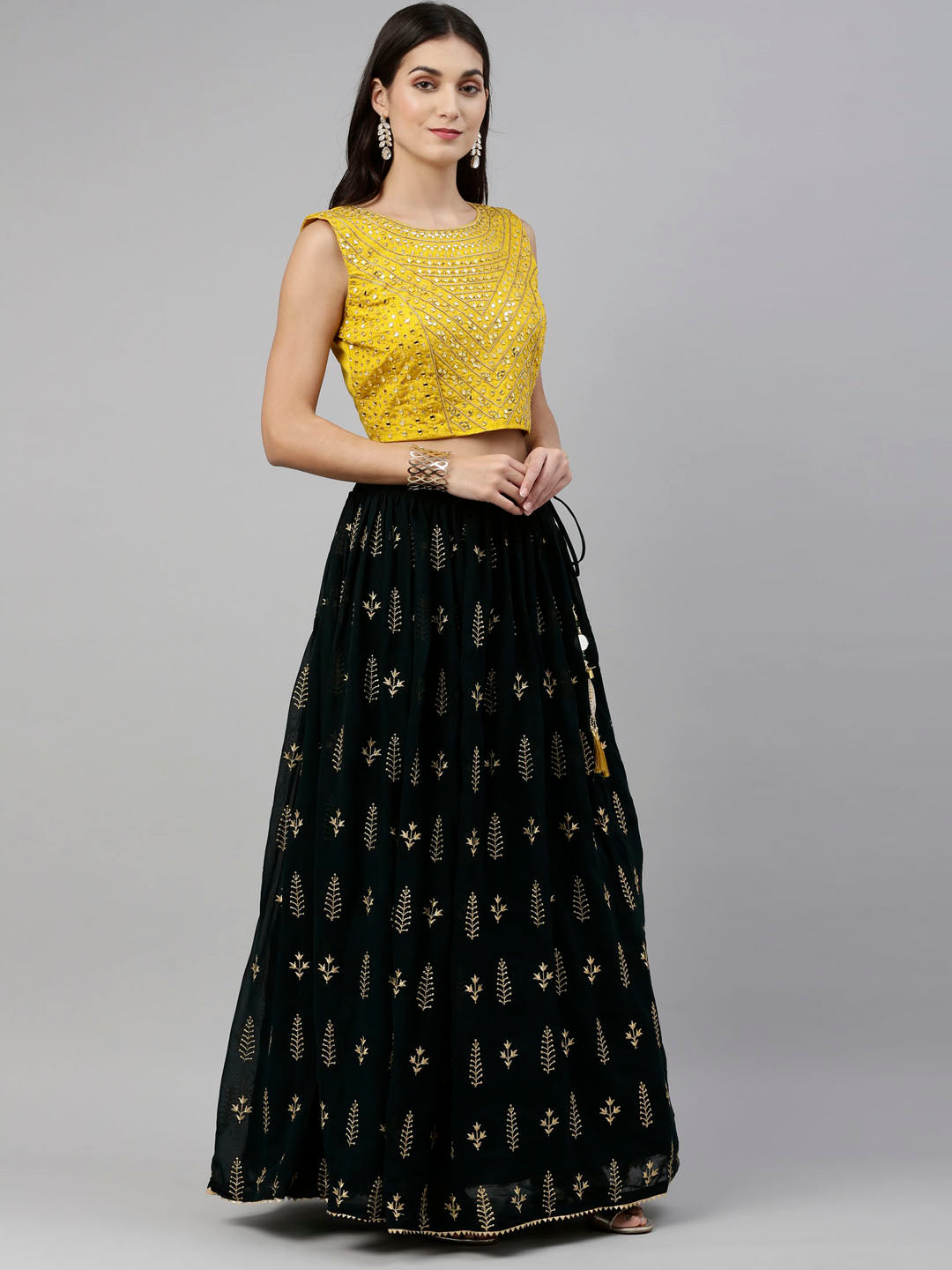 Neerus Bottle Green Color Georgette Fabric Ghagra Set