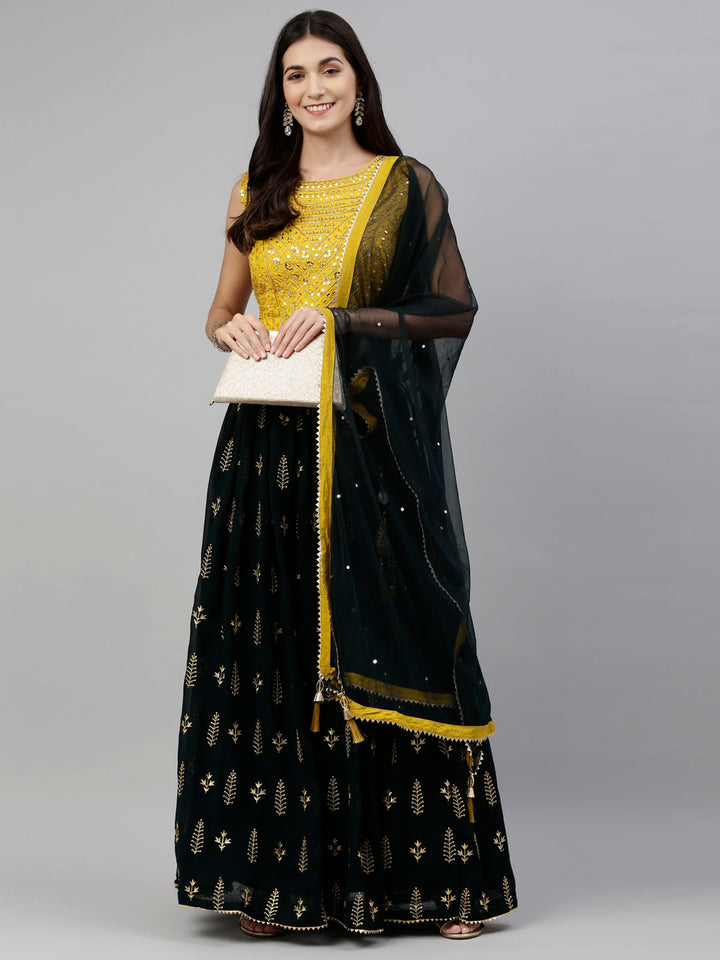 Neerus Bottle Green Color Georgette Fabric Ghagra Set