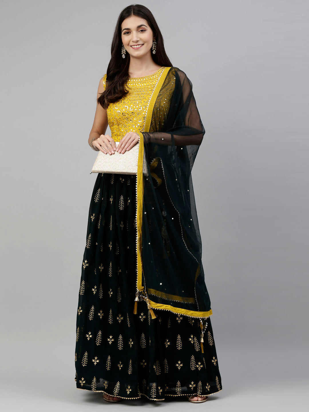 Neeru'S Bottle Green Color, Georgette Fabric Ghagra Set