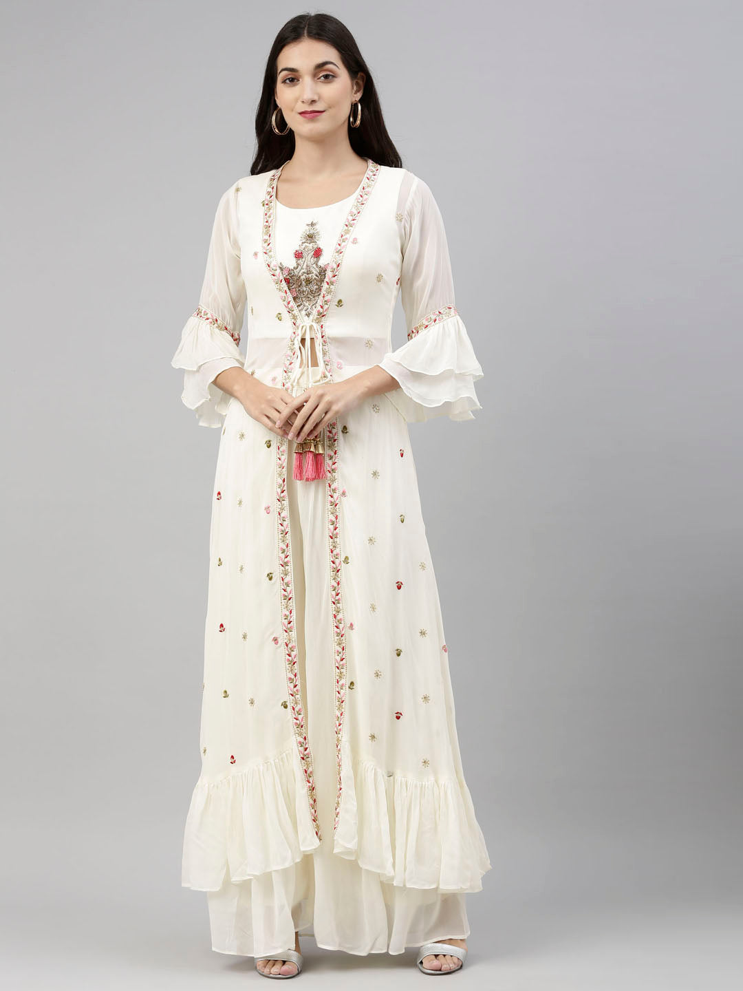 Neerus Beige georgette embroidered co-ord set - front view