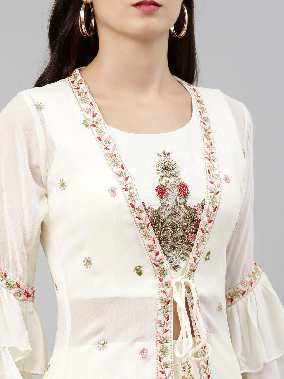 Neerus Beige georgette embroidered co-ord set - back view