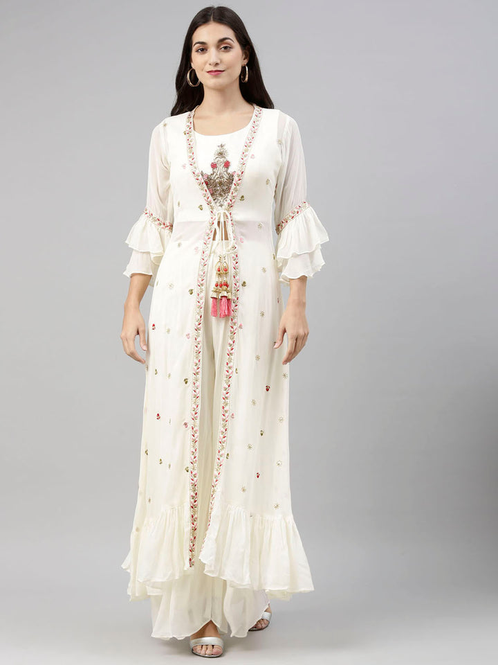 Neerus Beige georgette embroidered co-ord set - detail view 6