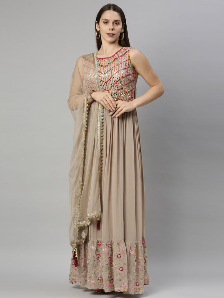 Neerus Beige Color Georgette Fabric Suit-Anarkali