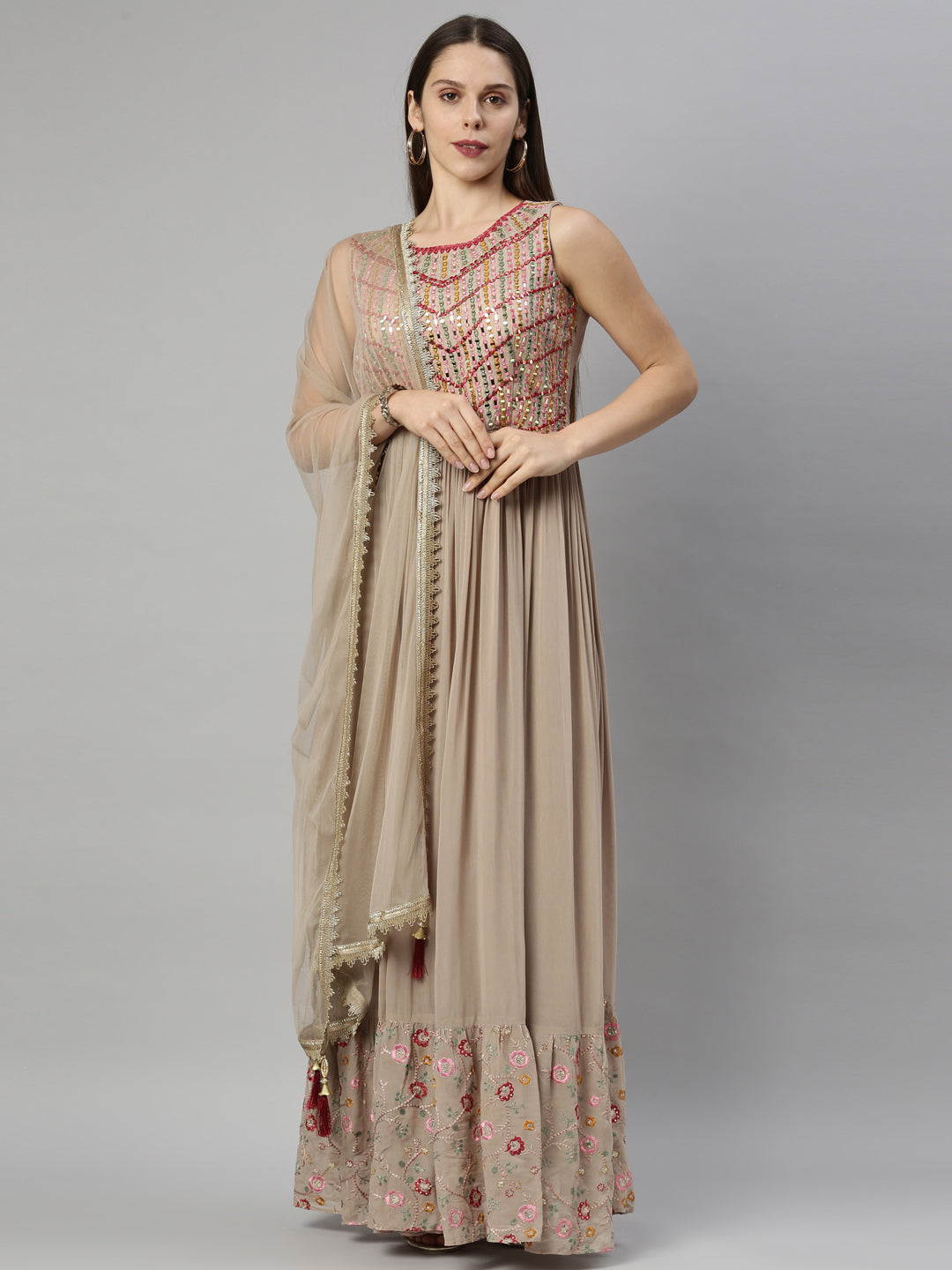 Neeru'S Beige Color, Georgette Fabric Suit-Anarkali