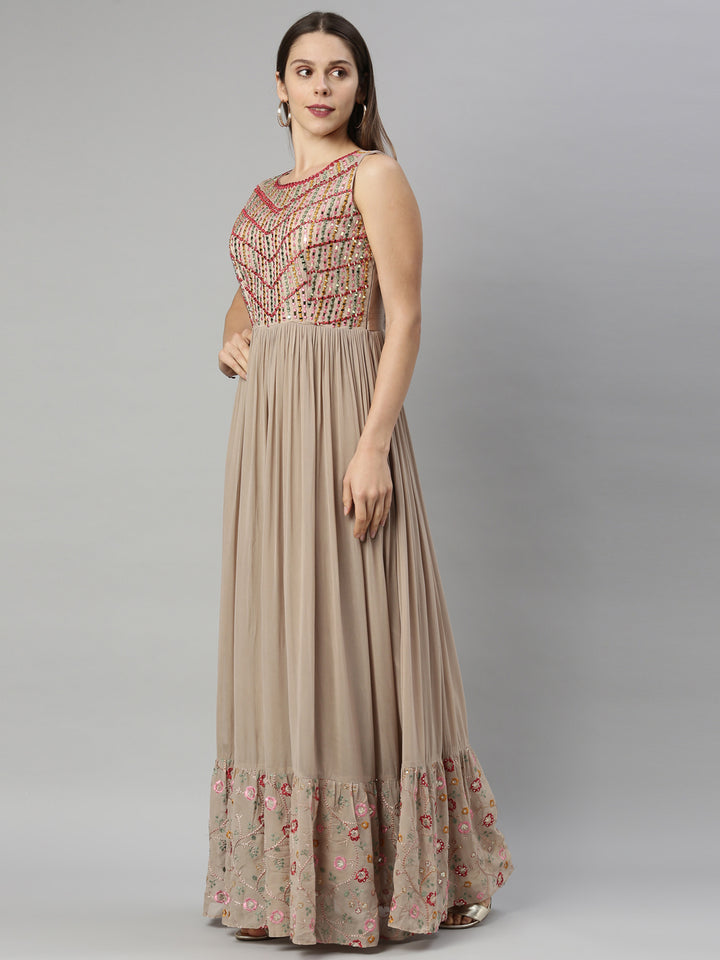 Neerus Beige Color Georgette Fabric Suit-Anarkali
