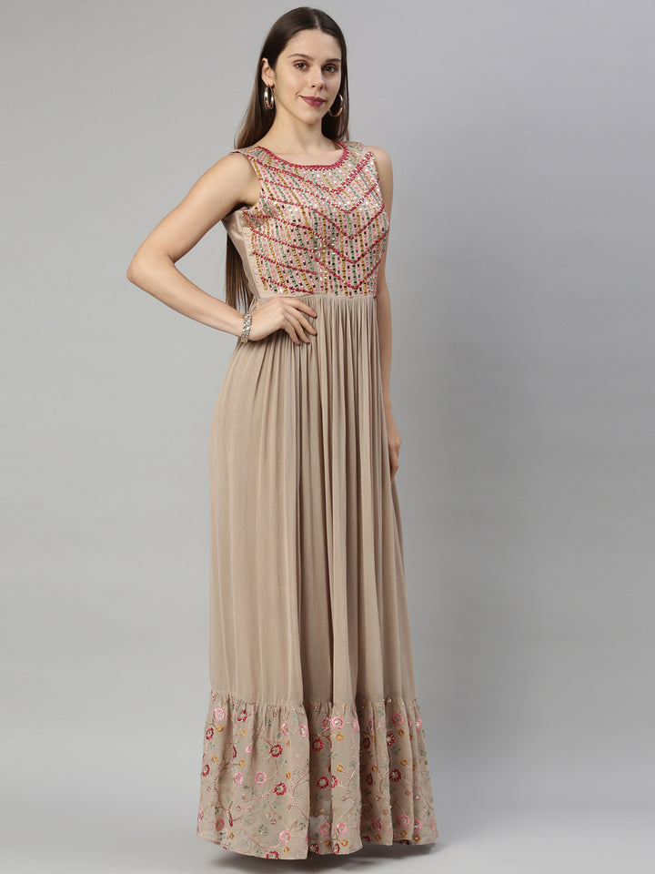 Neerus Beige Color Georgette Fabric Suit-Anarkali