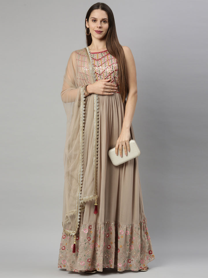 Neerus Beige Color Georgette Fabric Suit-Anarkali