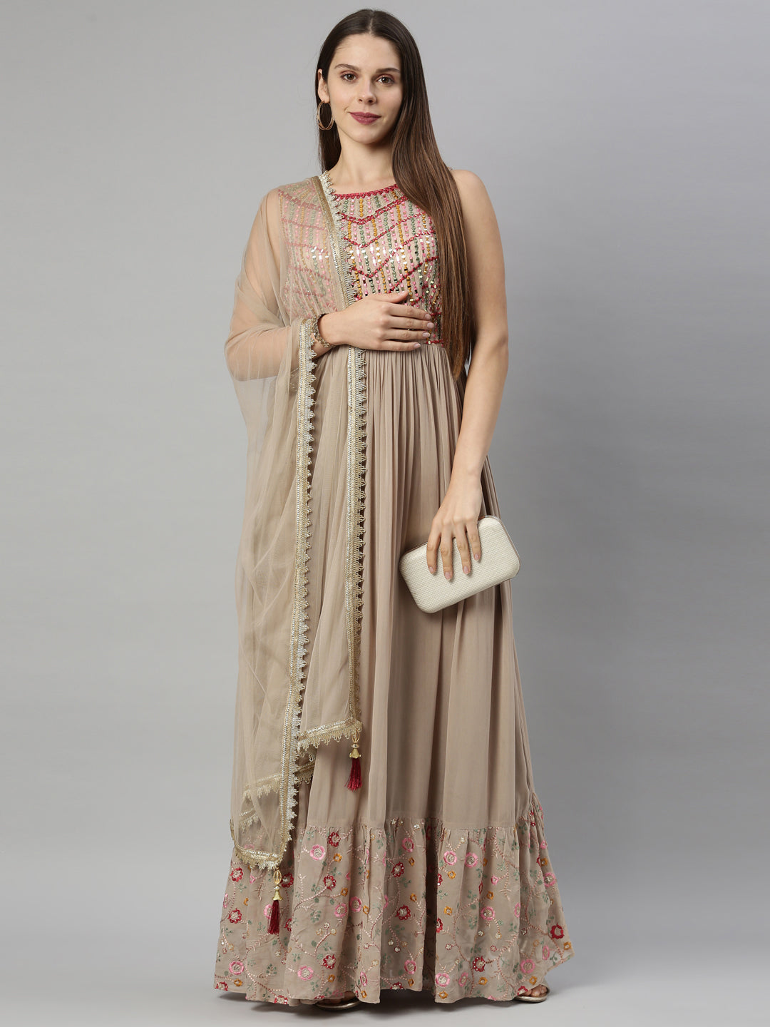 Neeru'S Beige Color, Georgette Fabric Suit-Anarkali