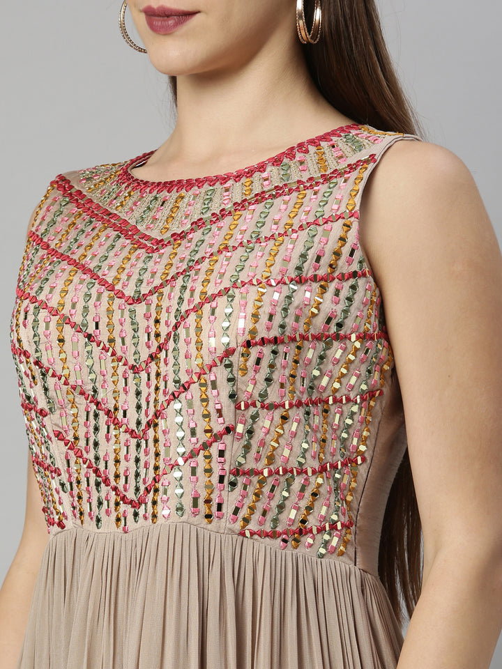 Neerus Beige Color Georgette Fabric Suit-Anarkali