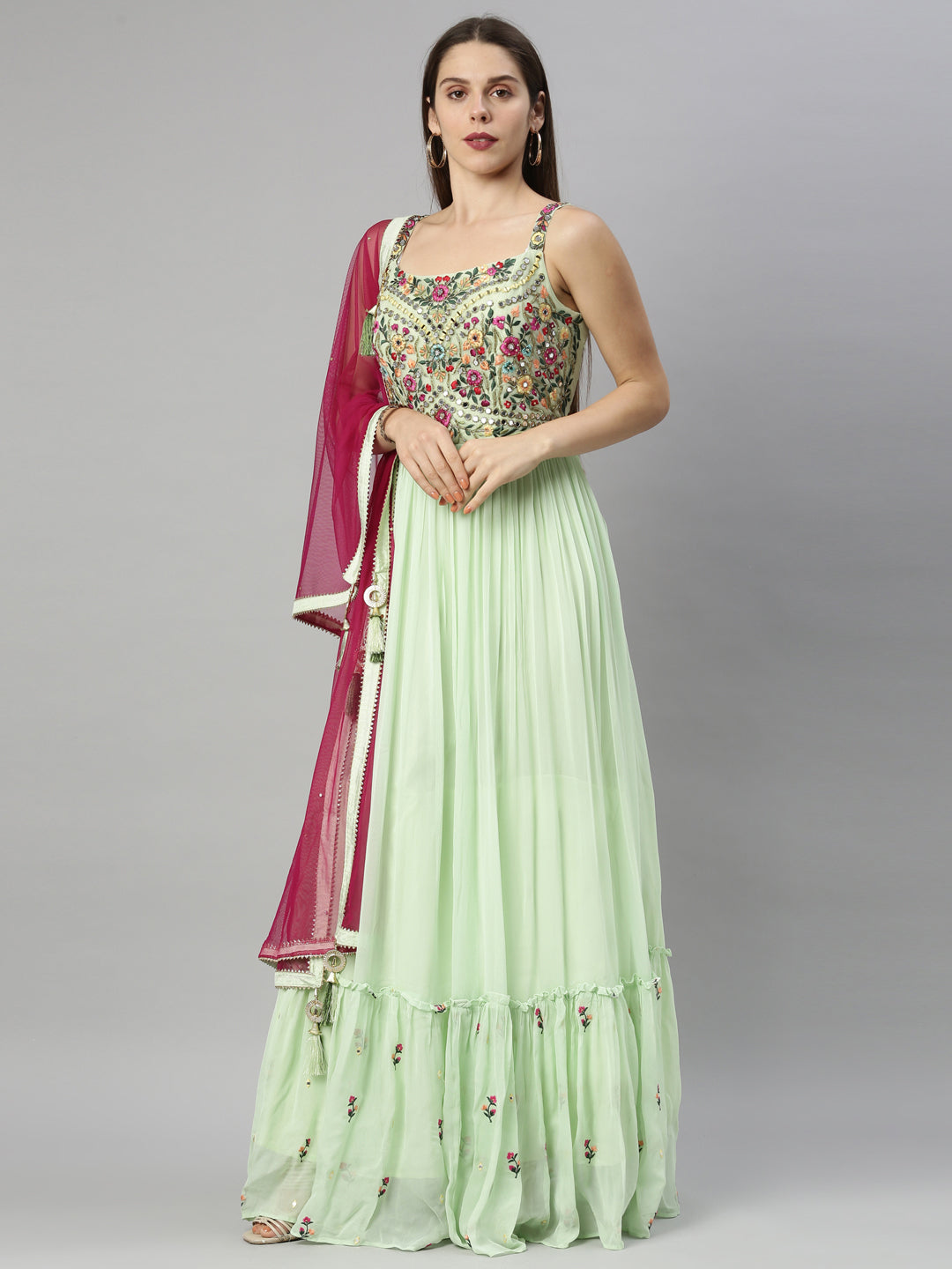 Neerus Pista Color Georgette Fabric Suit-Anarkali