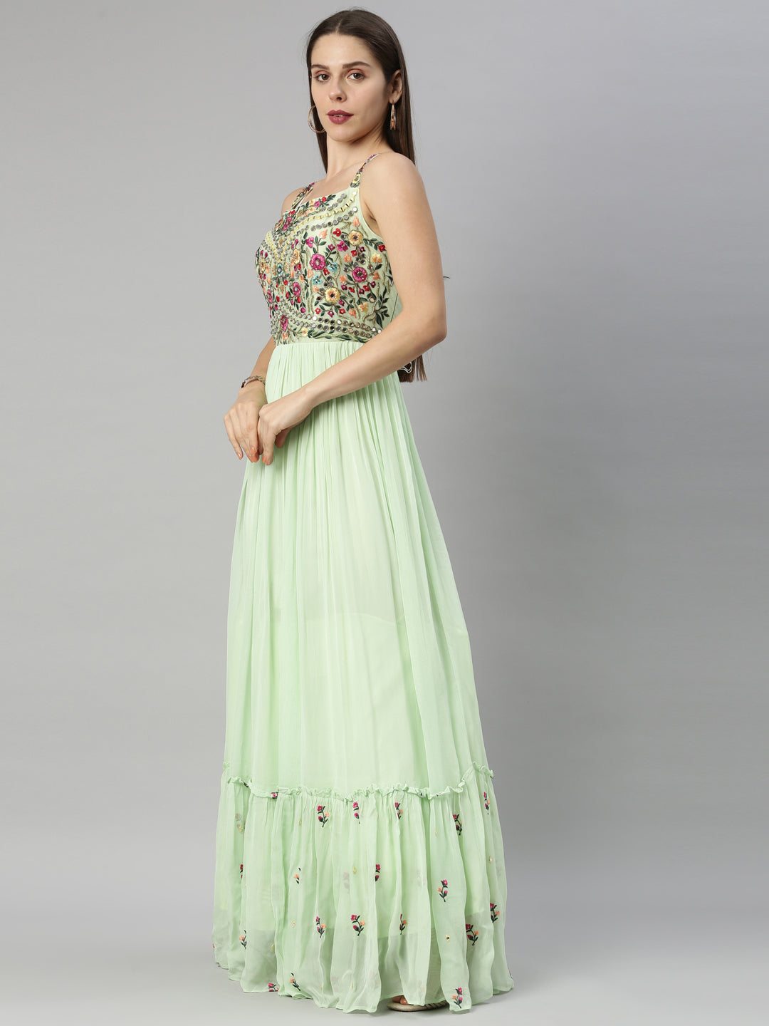 Neeru's Pista Color Georgette Fabric Suit-Anarkali
