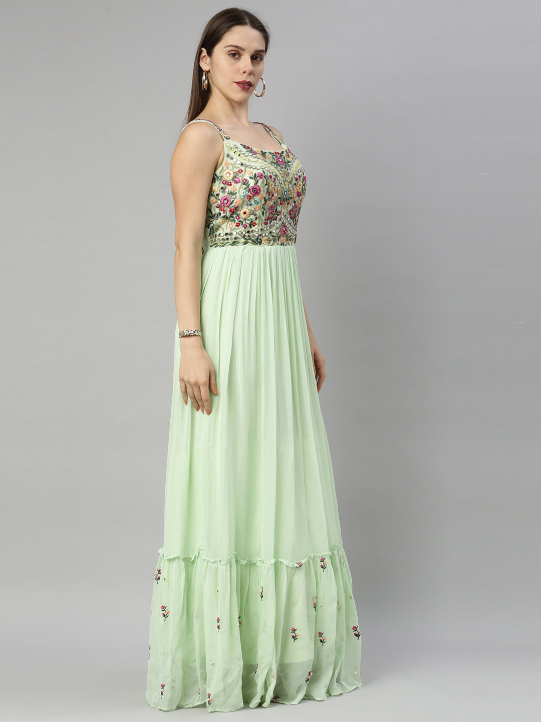 Neerus Pista Color Georgette Fabric Suit-Anarkali