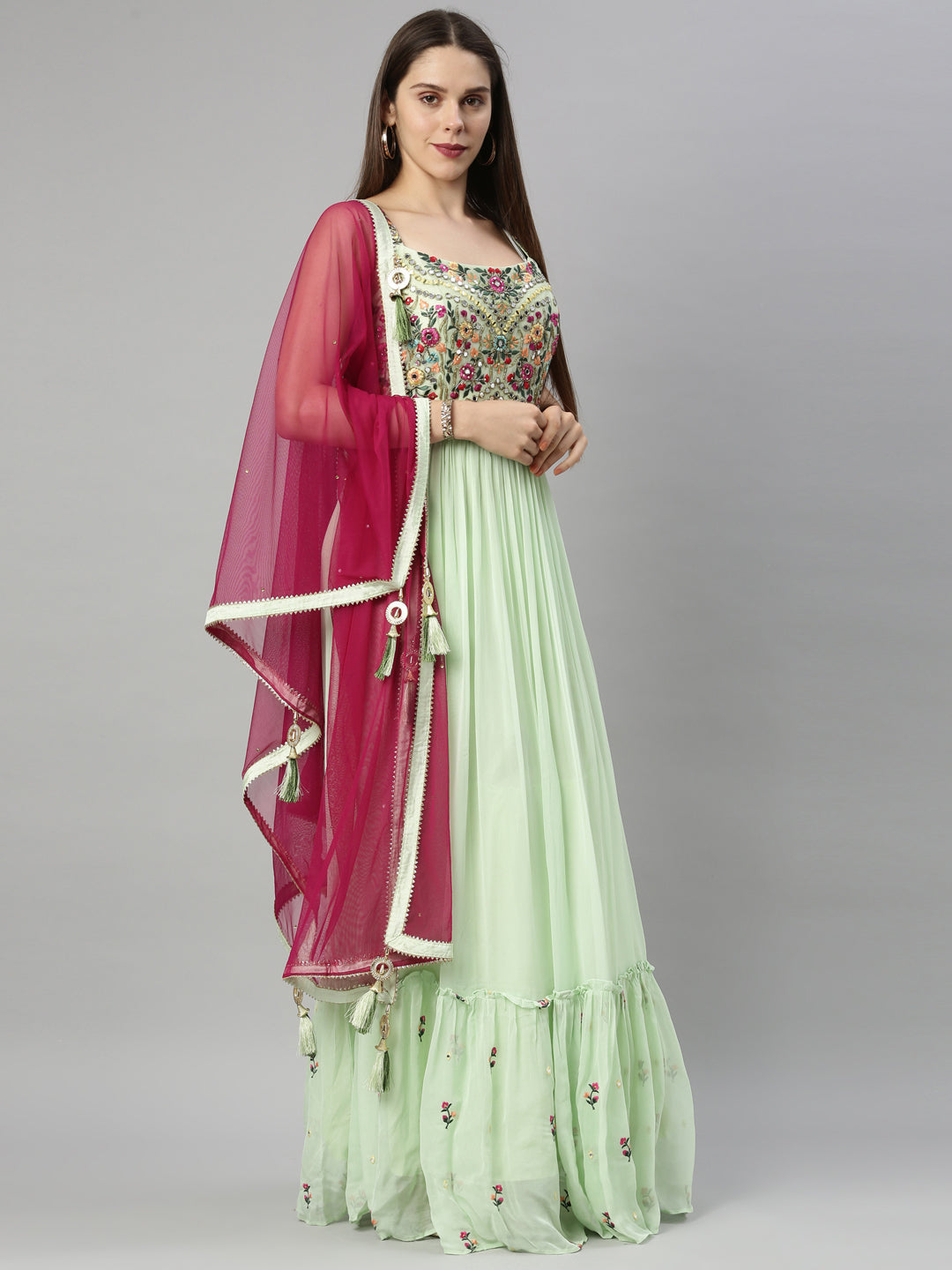 Neeru's Pista Color Georgette Fabric Suit-Anarkali