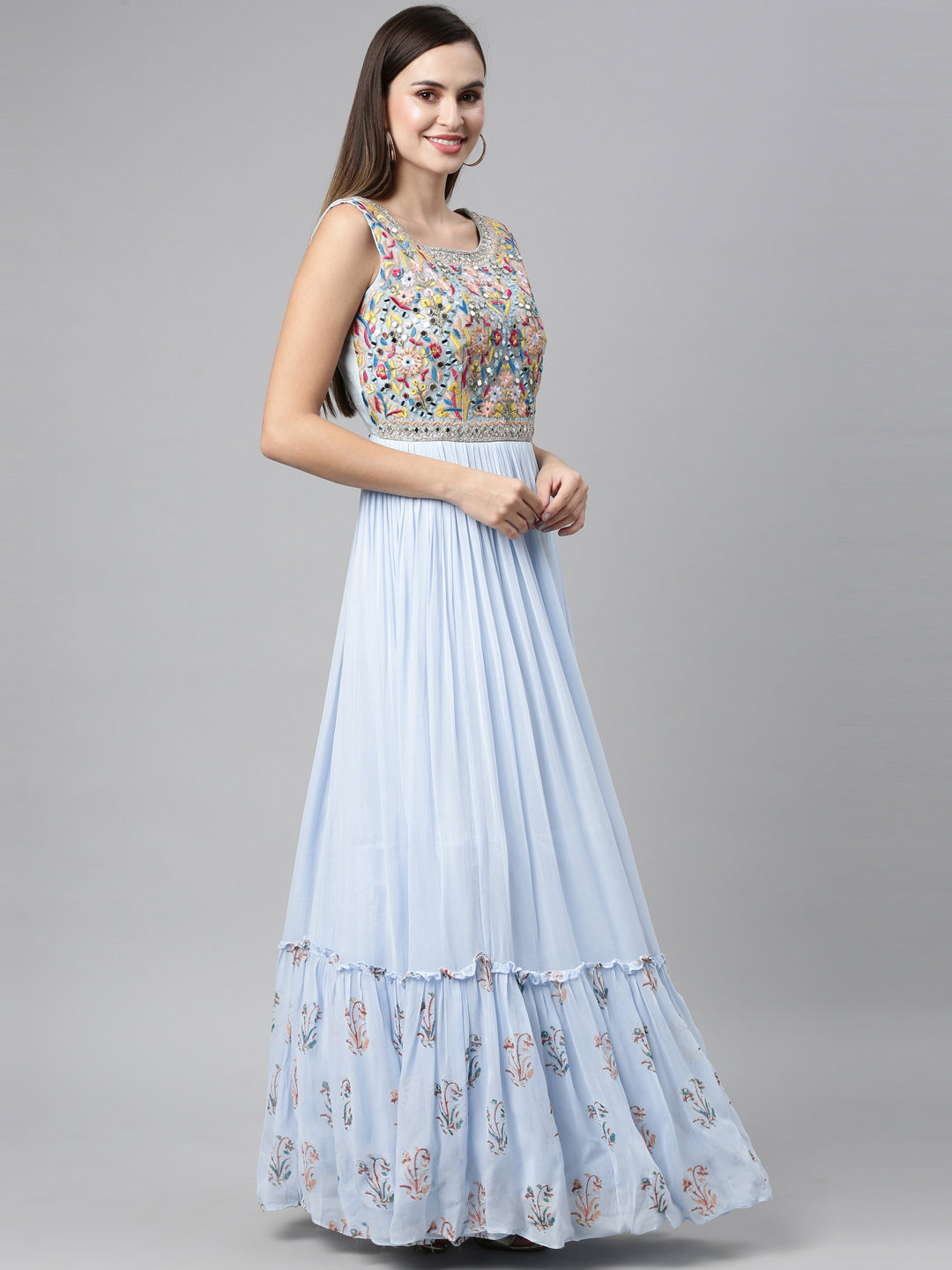Neeru'S SKY BLUE color, Poly Georgette fabric Anarkali Sets With Dupatta