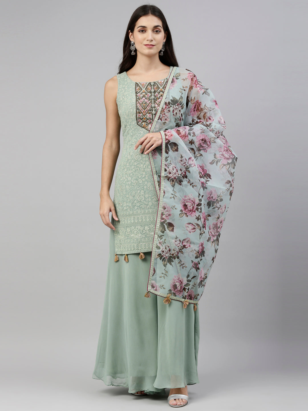 Neeru's Pista Green Color Georgette Fabric Suit-Plazzo