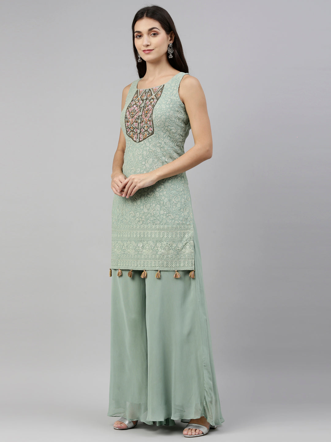 Neeru's Pista Green Color Georgette Fabric Suit-Plazzo