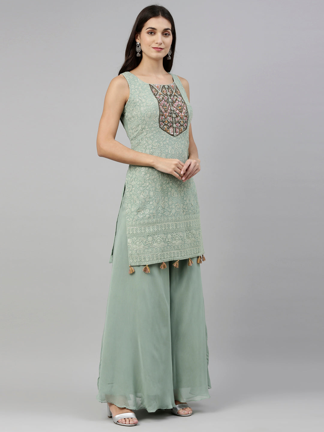 Neeru's Pista Green Color Georgette Fabric Suit-Plazzo