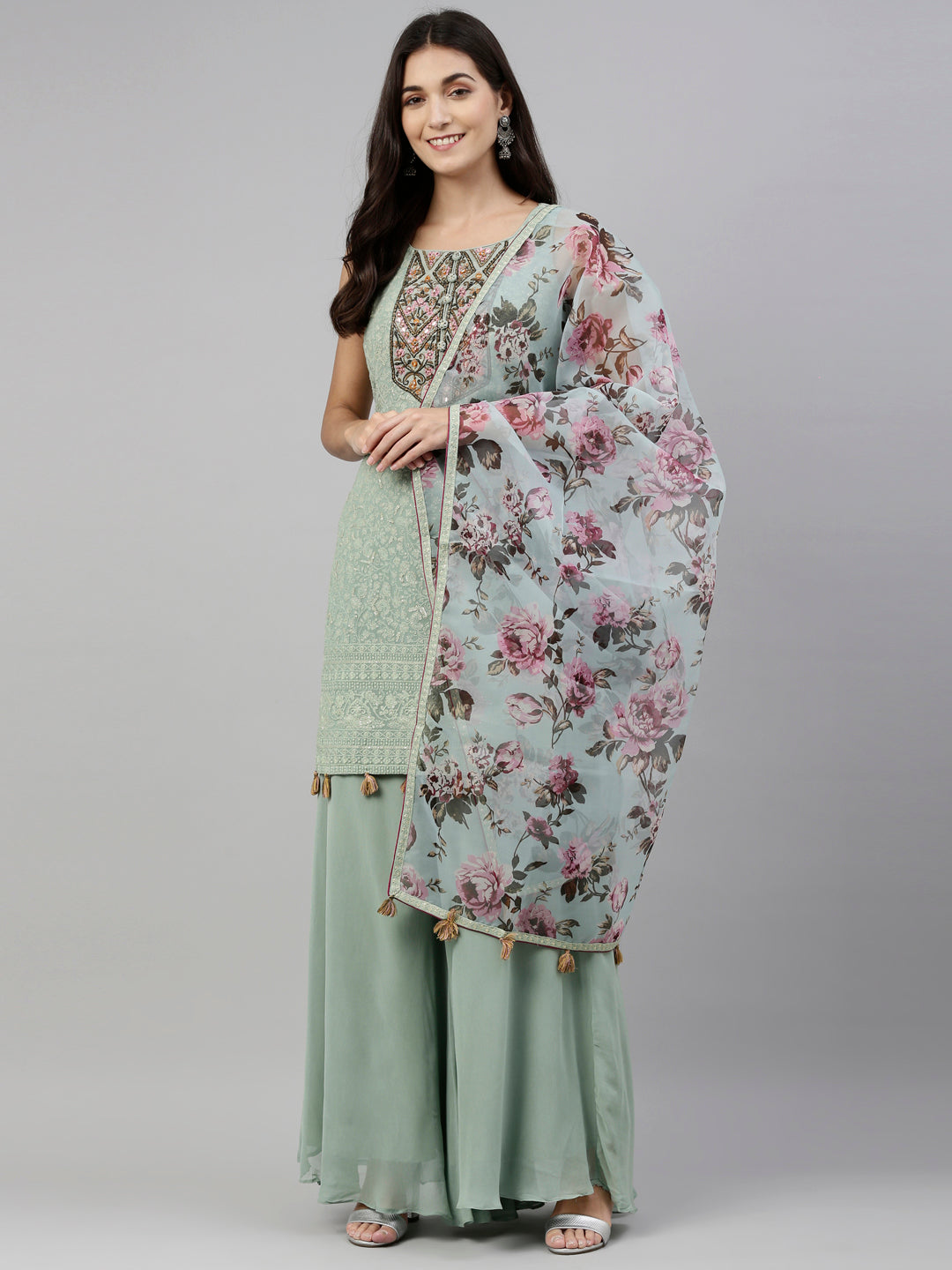 Neeru's Pista Green Color Georgette Fabric Suit-Plazzo