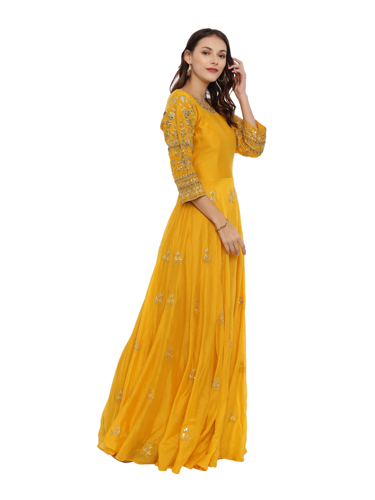 Neeru's Mustard Color Silk Fabric 3-4 Sleeves Suit-Anarkali