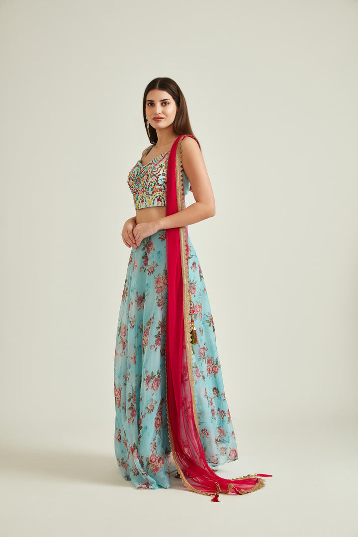 Neerus Blue Organza Mirror Work Lehenga Set - front view