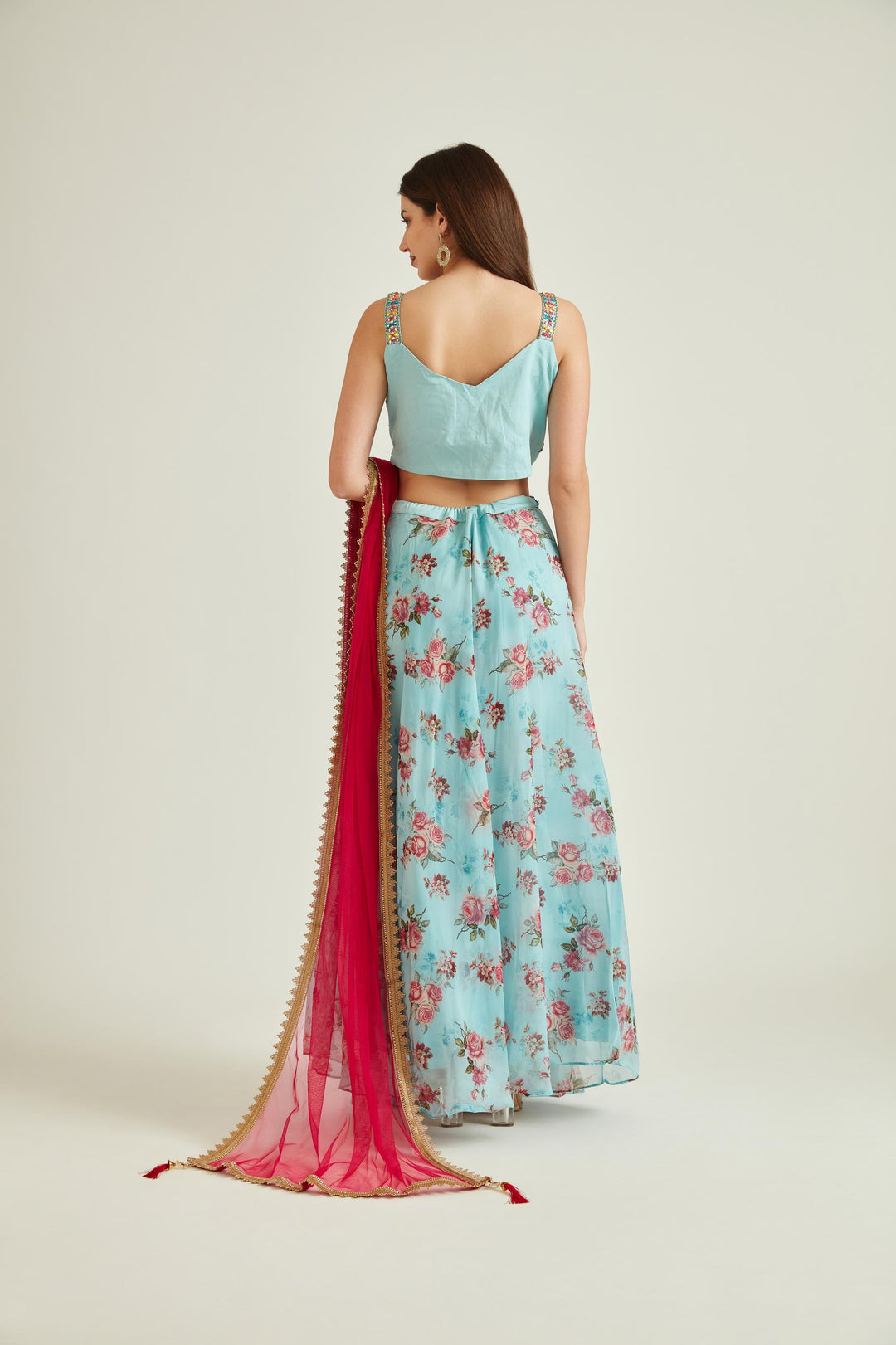 Neerus Blue Organza Mirror Work Lehenga Set - back view