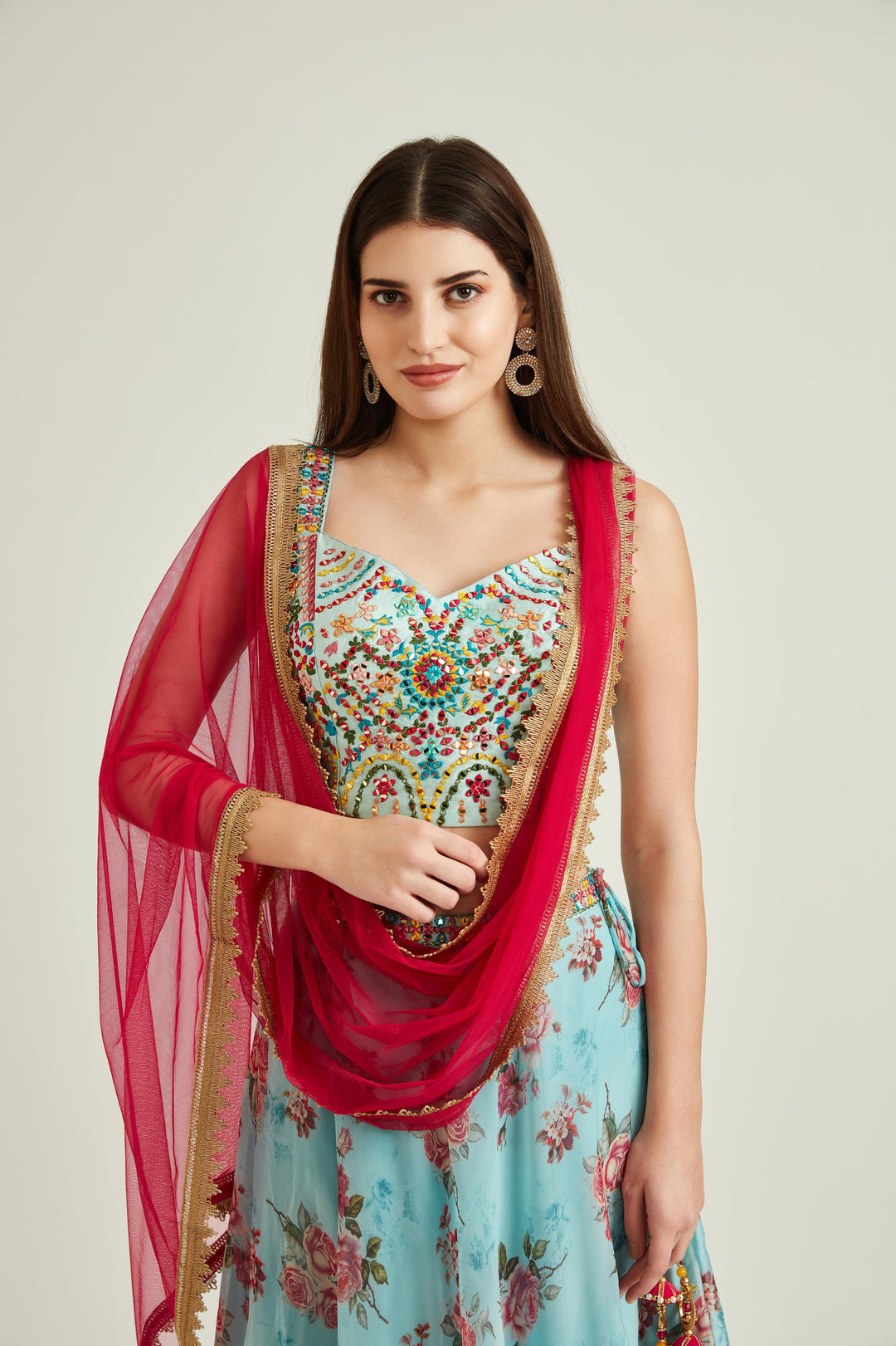 Neerus Blue Organza Mirror Work Lehenga Set - side view
