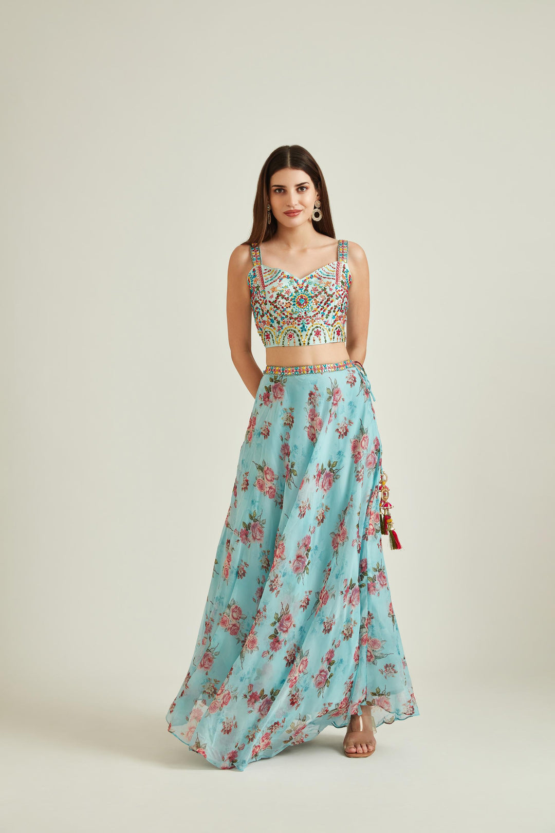 Neerus Blue Organza Mirror Work Lehenga Set - detail view 1