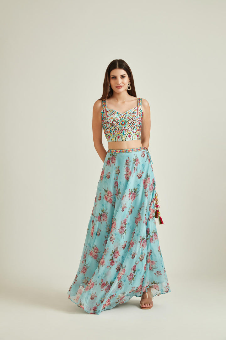 Neerus Blue Organza Mirror Work Lehenga Set - detail view 1