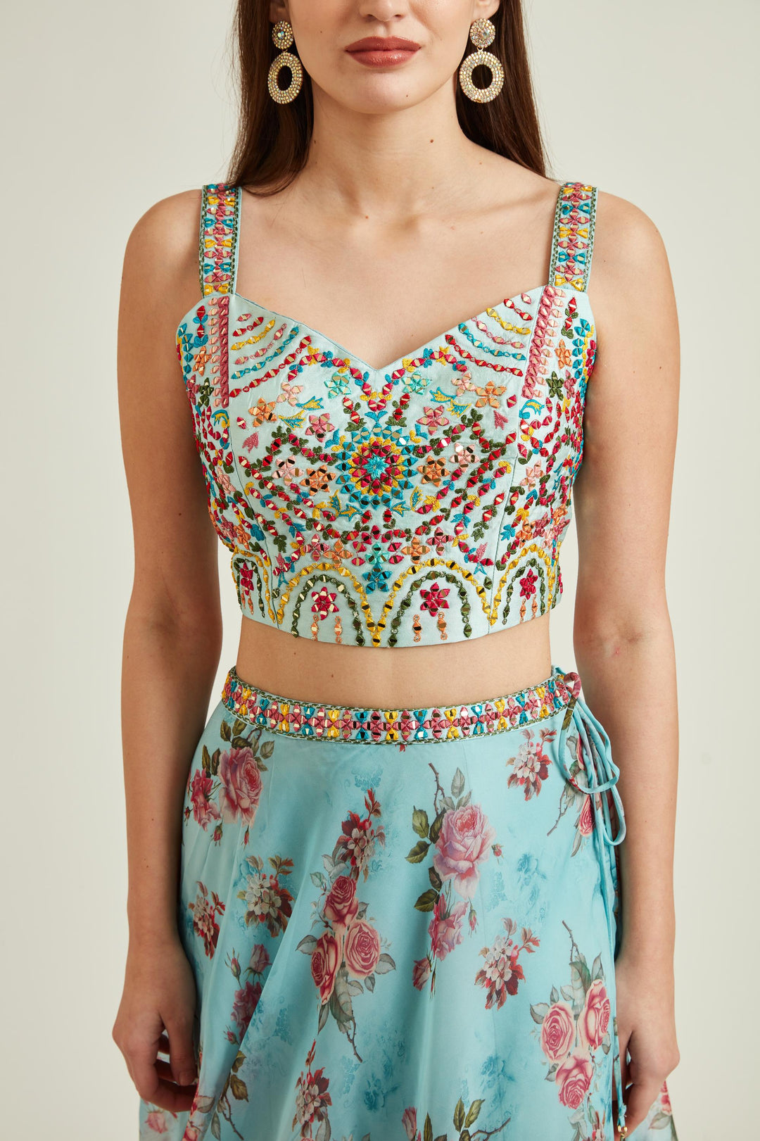 Neerus Blue Organza Mirror Work Lehenga Set - detail view 2