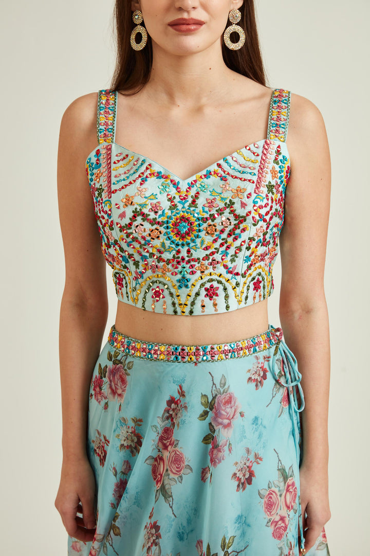 Neerus Blue Organza Mirror Work Lehenga Set - detail view 2