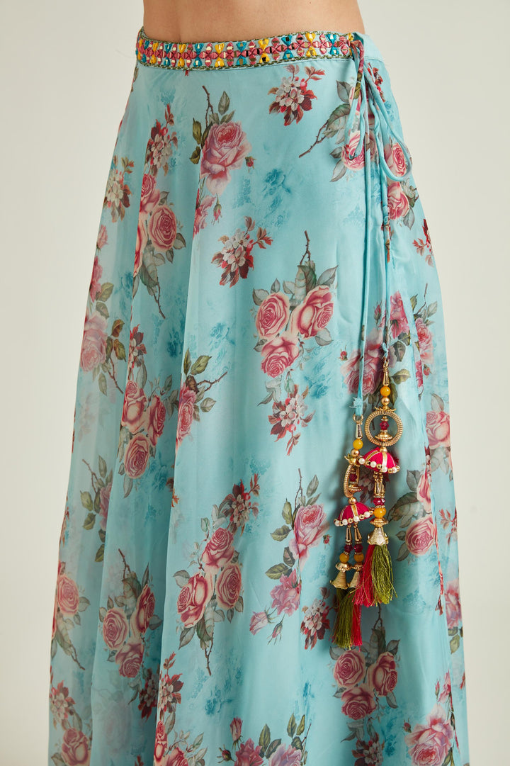 Neerus Blue Organza Mirror Work Lehenga Set - detail view 3